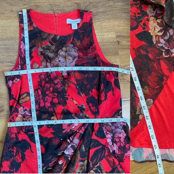 Calvin Klein Red Floral Sheath Dress Cascade Pleated Dark Romantic Wedding Midi - Picture 10 of 11